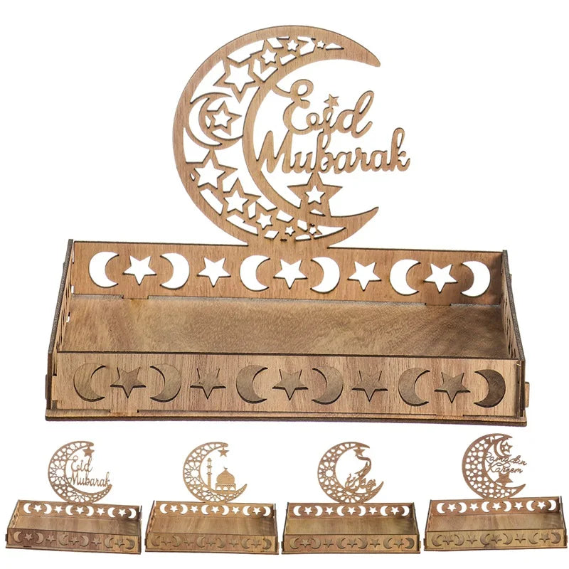 Eid Mubarak Moon Star Food Tray Wooden Ramadan Decoration 2024 Food Holder Ramadan Kareem Islamic Muslim Party Al Adha Supplies