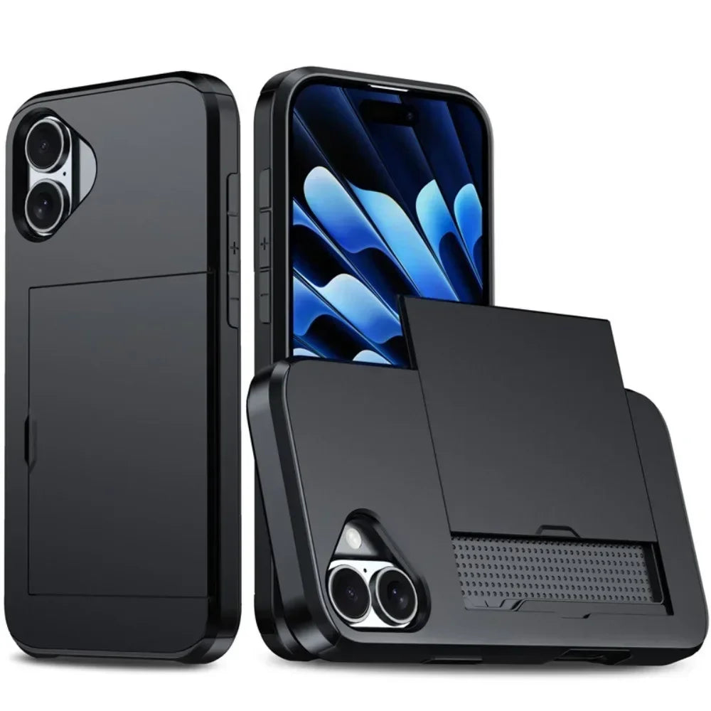 For iPhone 16 Pro Max Wallet Cover Credit Card Holder Slot Sliding Pocket Dual Layer Protective Phone Case