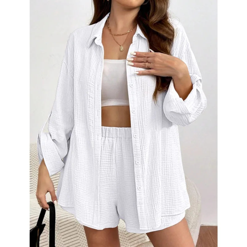 Solid Color Casual Loose Short Pants Sets For Women 2025 Elegant Summer Women's Two Pieces Suit Full Set Female Outfit Clothes