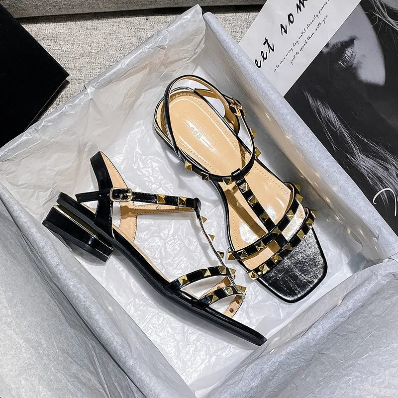 Summer low heel women rivets sandals thin ribbon fashion design girls shoes large size wear slippers free delivery