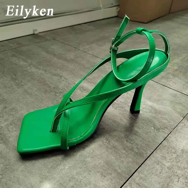 Eilyken New Fashion Pinch Narrow Band Women Sandals 2025 Summer Square Open Toe Ankle Buckle Strap High Heels Ladies Shoes