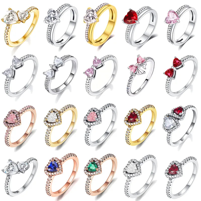 Sparkling 925 Sterling Silver Pink Bow Ring Timeless Pavé Red Heart Finger Rings for Women Wedding Crystal Ring Jewelry Gift