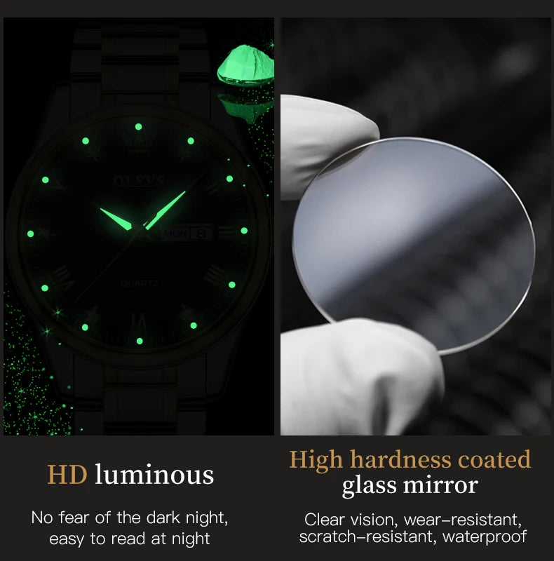 OLEVS Brand Men's Quartz Watch Stainless Steel Waterproof Luminous Fashion Strap Business Men's Quartz Wristwatch Gold Watch
