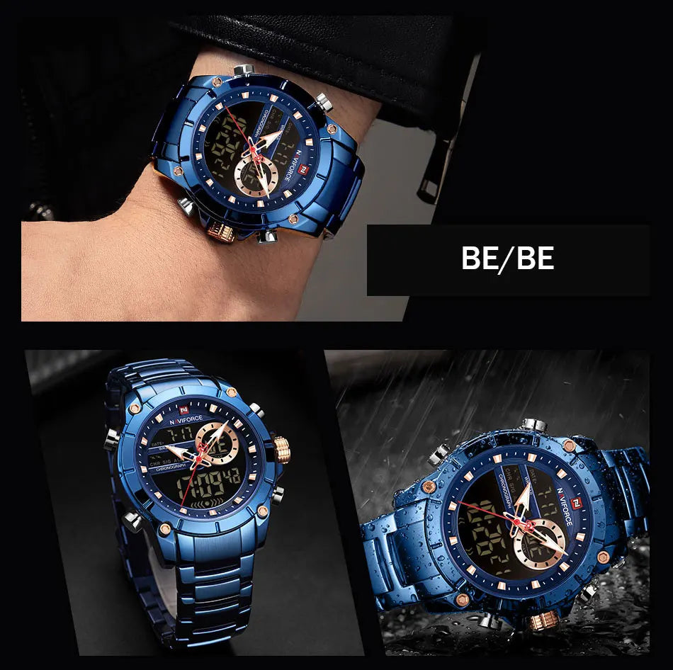 NAVIFORCE Top Luxury Quartz Wrist Watch For Men Business Steel Waterproof Sports Dual Display Military LED Digital Watches