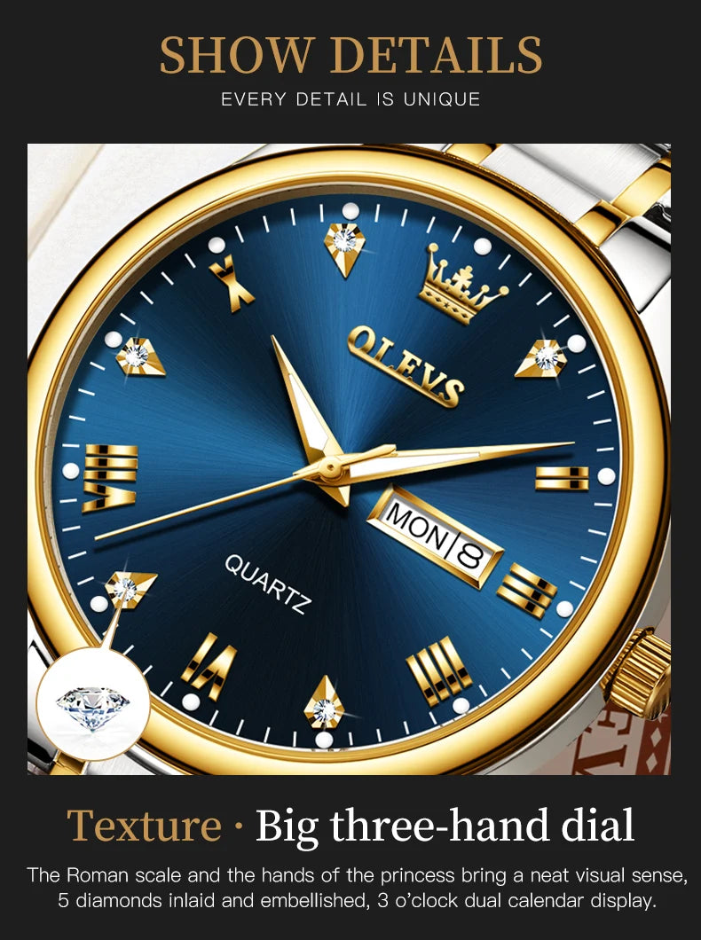 OLEVS Brand Men's Quartz Watch Stainless Steel Waterproof Luminous Fashion Strap Business Men's Quartz Wristwatch Gold Watch