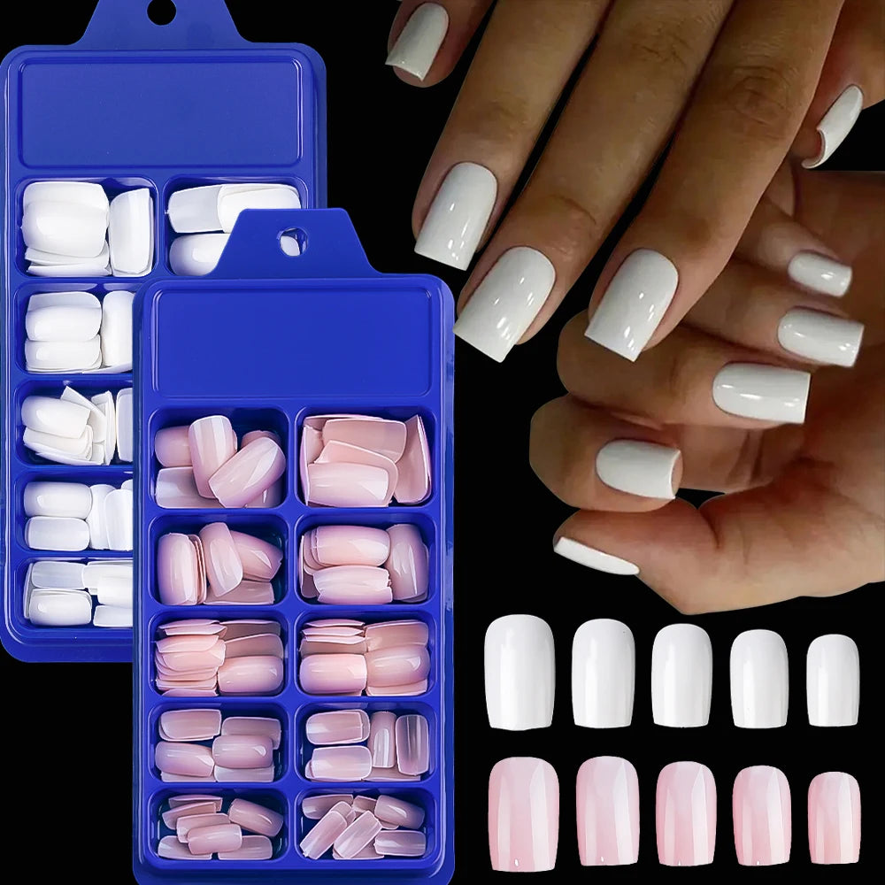 100pcs Pink White Press On Nails Medium Trapezoid Acrylic False Nails Full Cover Artificial Fingernails Extension Fake Nail Tips