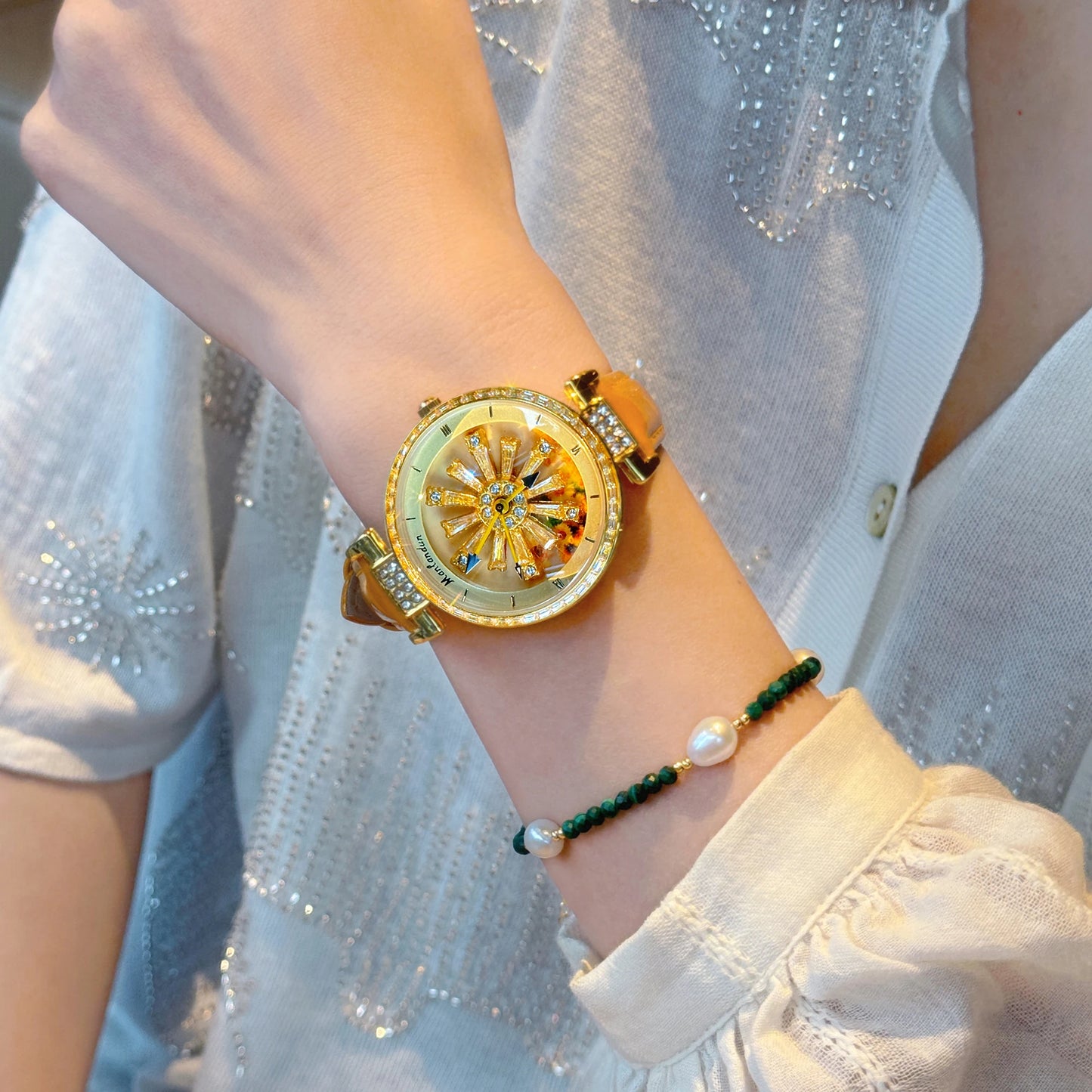 Fashionable Women's Watch With Transparent Back, Diamond Inlaid, Rotating Galaxy Dial, Sunflower Design Waterproof Quartz Watch