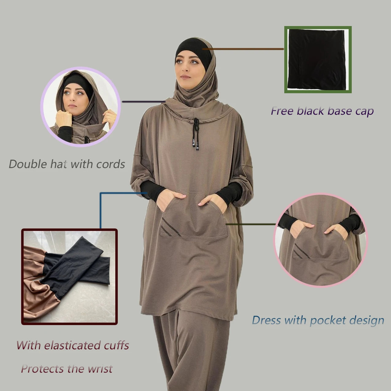 Women's Hooded Sports Suit Muslim Hijab Dress Eid Prayer Wear Jilbab Abaya Long Khimar Full Cover Soft Stretch Large Robe