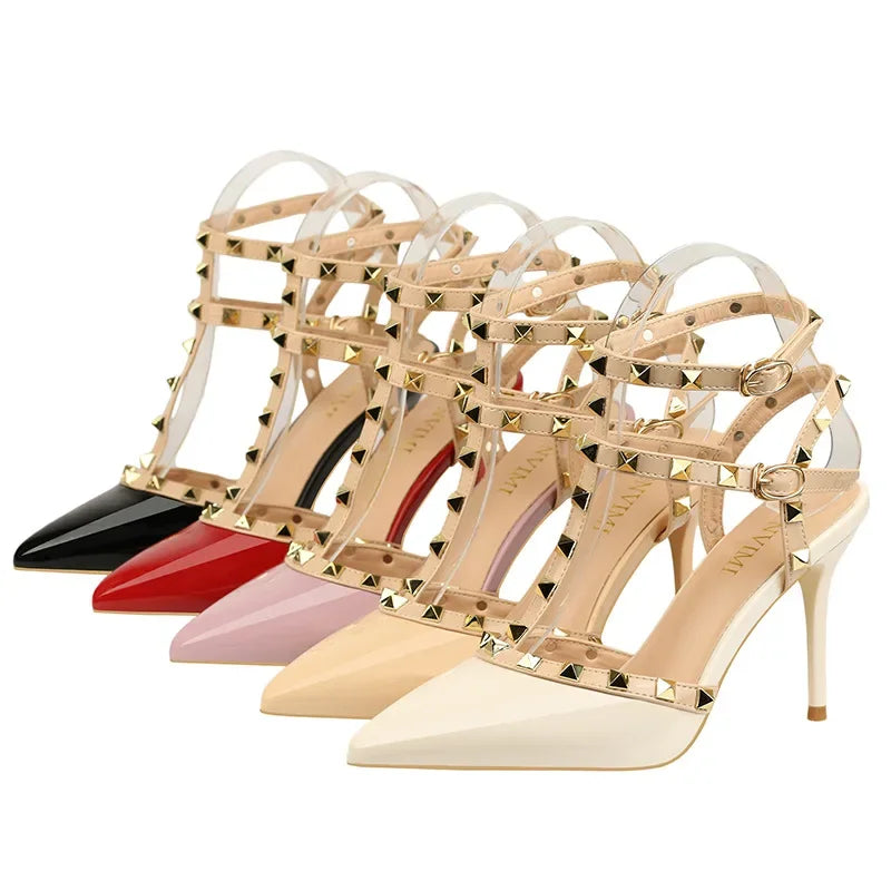 2025 Women's Shoes Rivets Sandals Female Summer Thick with Fine with High-heeled Shoes Pointed Stiletto Sexy Nightclub Shoes