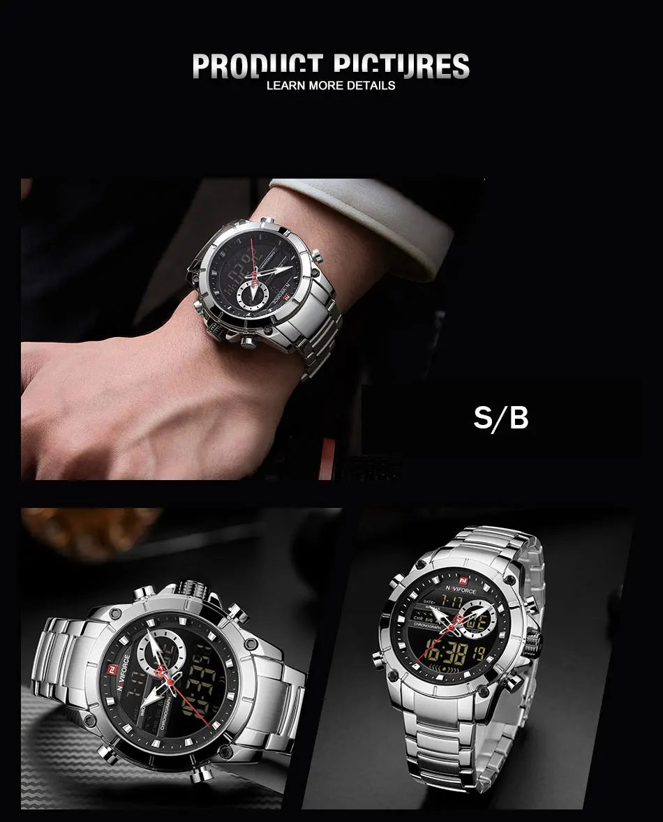 NAVIFORCE Top Luxury Quartz Wrist Watch For Men Business Steel Waterproof Sports Dual Display Military LED Digital Watches