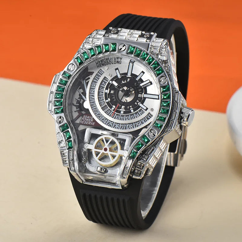 Hochwertige Iced Diamond Uhr Herren Grüner Diamant Hip Hop Stil Automatik Manuell Mechanisch Business Stil Quarzuhr