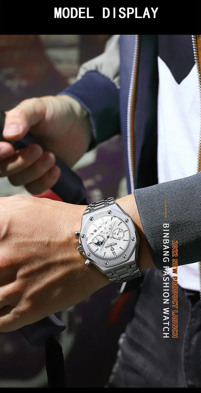 BINBOND B0161 Top box Brand Man Casual Quartz Watch Luxury Luminous Wristwatch Stainless Steel Waterproof Men Clock