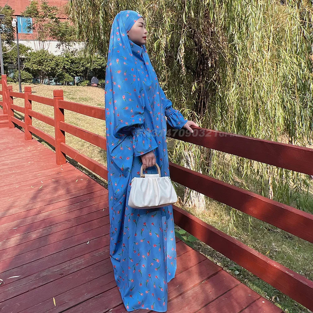 Jilbabs for Women One Piece Printed Prayer Dress Muslim Abaya with Integrated Veil Islamic Products Ramadan Modest Outfits Dubai