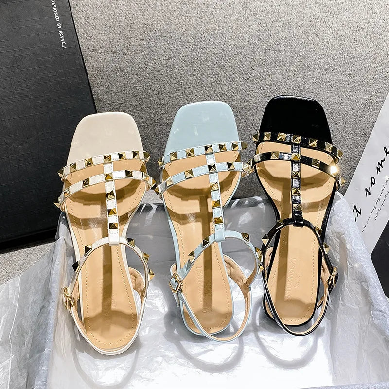 Summer low heel women rivets sandals thin ribbon fashion design girls shoes large size wear slippers free delivery