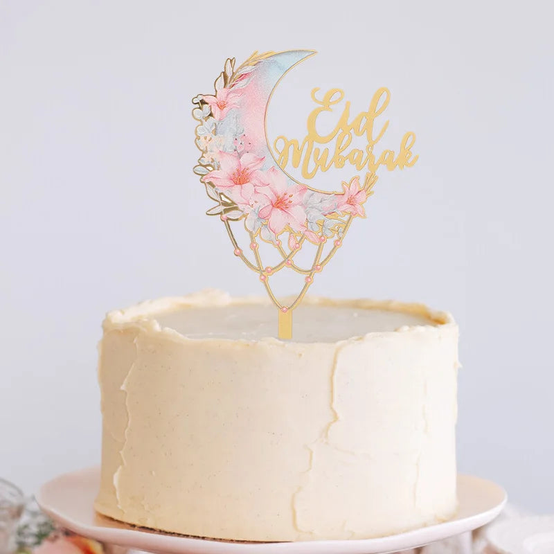 2025 Eid Mubarak Acrylic Cake Topper Moon Flower Cake DIY Decoration Islamic Muslim Festival Party Supplies Eid Ramadan Gift