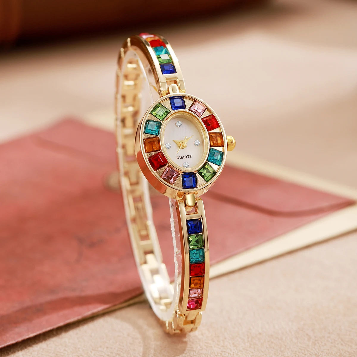 2PC Women's Retro Style Quartz Watch Elegant Ladies' Style Colorful Diamond Set Dial Trendy New Watch With Bracelet Holiday Gift