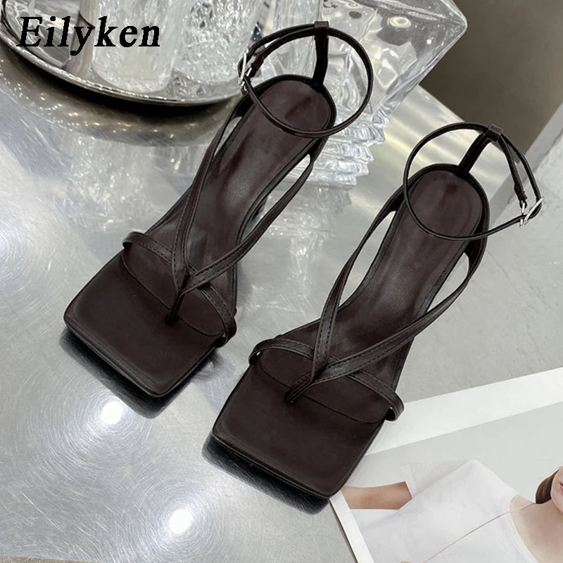 Eilyken New Fashion Pinch Narrow Band Women Sandals 2025 Summer Square Open Toe Ankle Buckle Strap High Heels Ladies Shoes