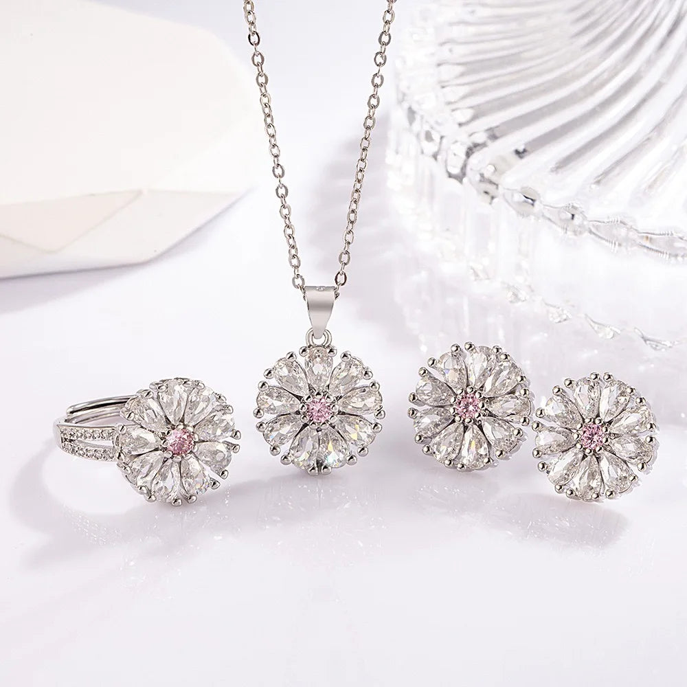 Original 925 Sterling Silver Sunflower Zircon Pendant Bracelet Necklace Women's Sterling Silver Jewelry Set Wedding Gift