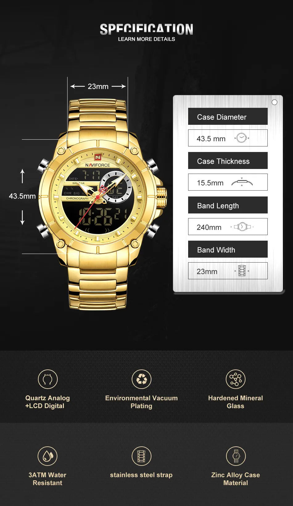 NAVIFORCE Top Luxury Quartz Wrist Watch For Men Business Steel Waterproof Sports Dual Display Military LED Digital Watches