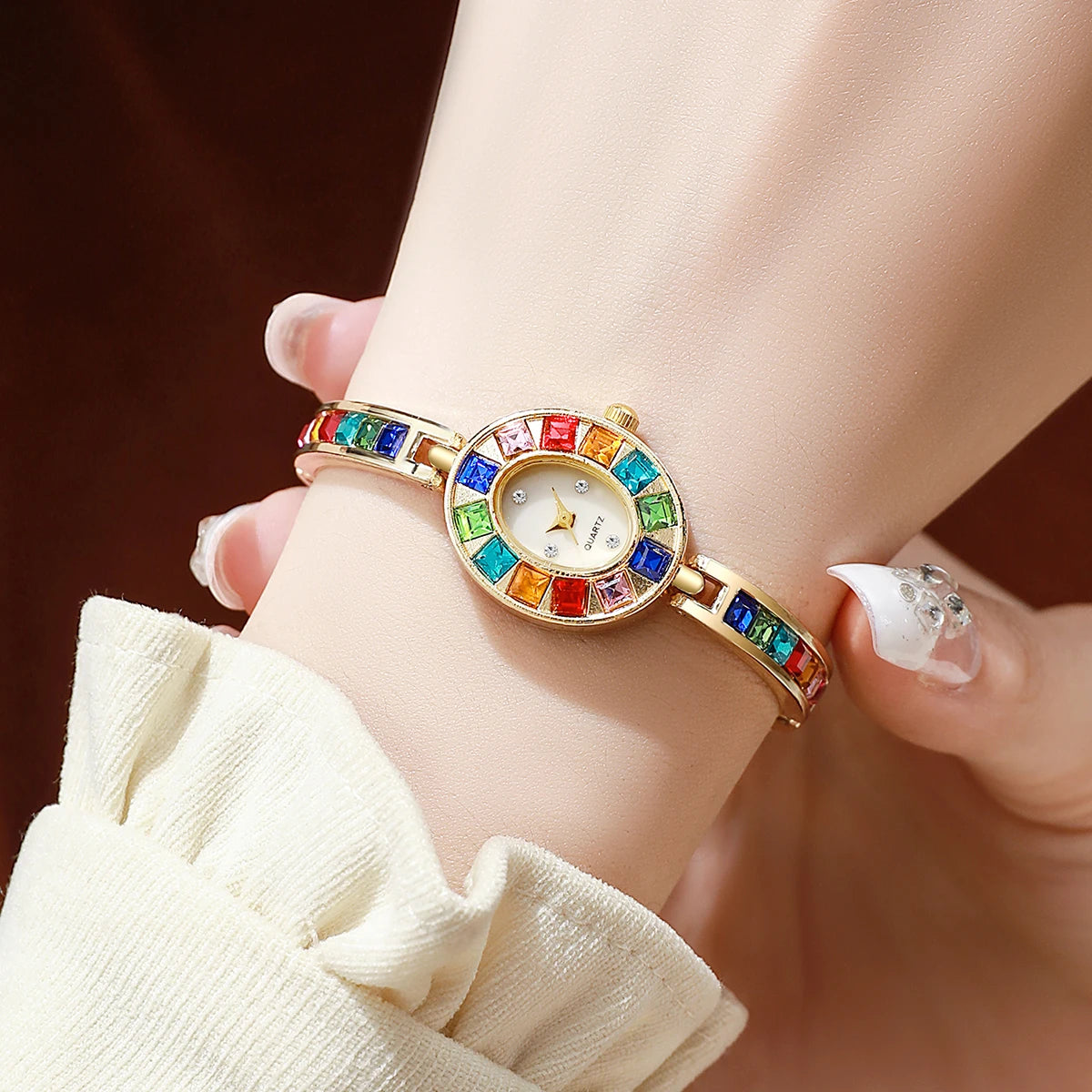 2PC Women's Retro Style Quartz Watch Elegant Ladies' Style Colorful Diamond Set Dial Trendy New Watch With Bracelet Holiday Gift