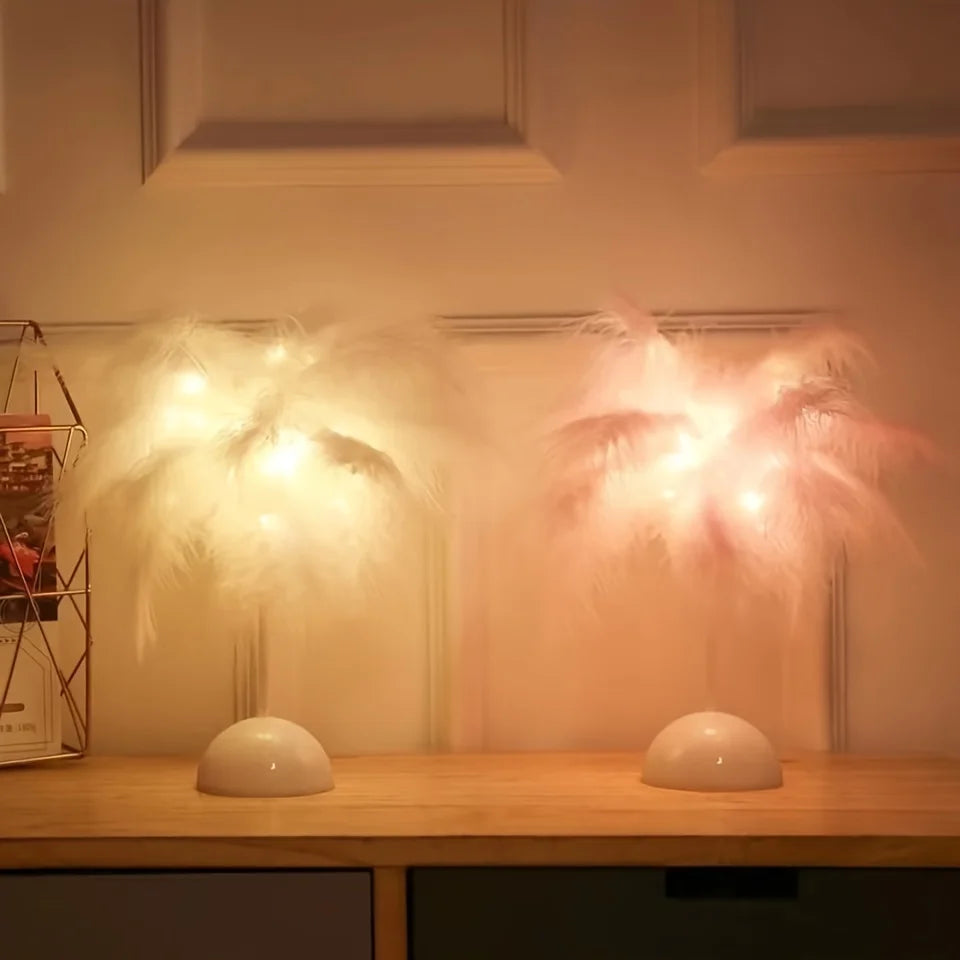 Creative Feather Table Lamp Warm White Light Tree Feather Lampshade LED Wedding Decorative Lights Birthday Gift Home Decor