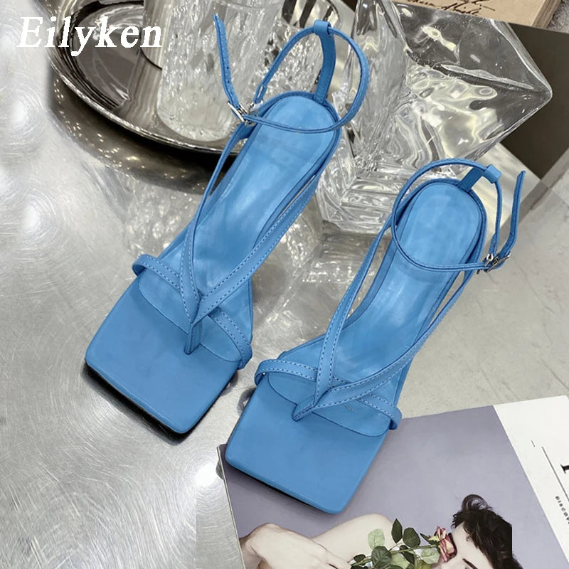 Eilyken New Fashion Pinch Narrow Band Women Sandals 2025 Summer Square Open Toe Ankle Buckle Strap High Heels Ladies Shoes