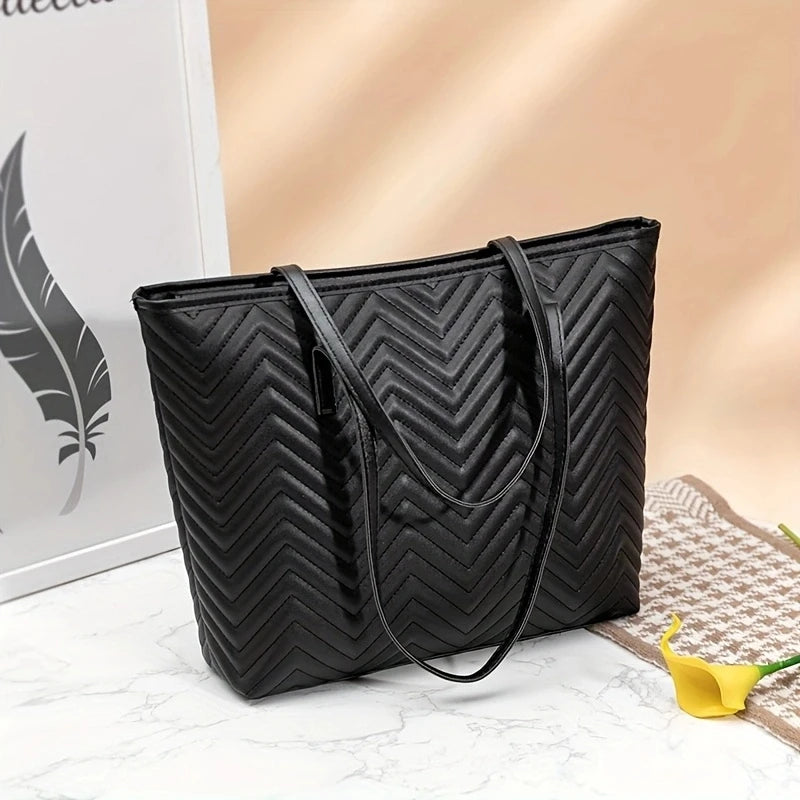 Classic large capacity ladies handbag, solid color business shoulder bag, minimalist wave embroidery crossbody purse