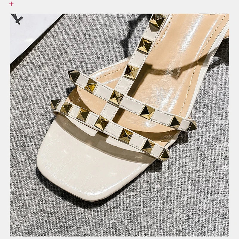Summer low heel women rivets sandals thin ribbon fashion design girls shoes large size wear slippers free delivery