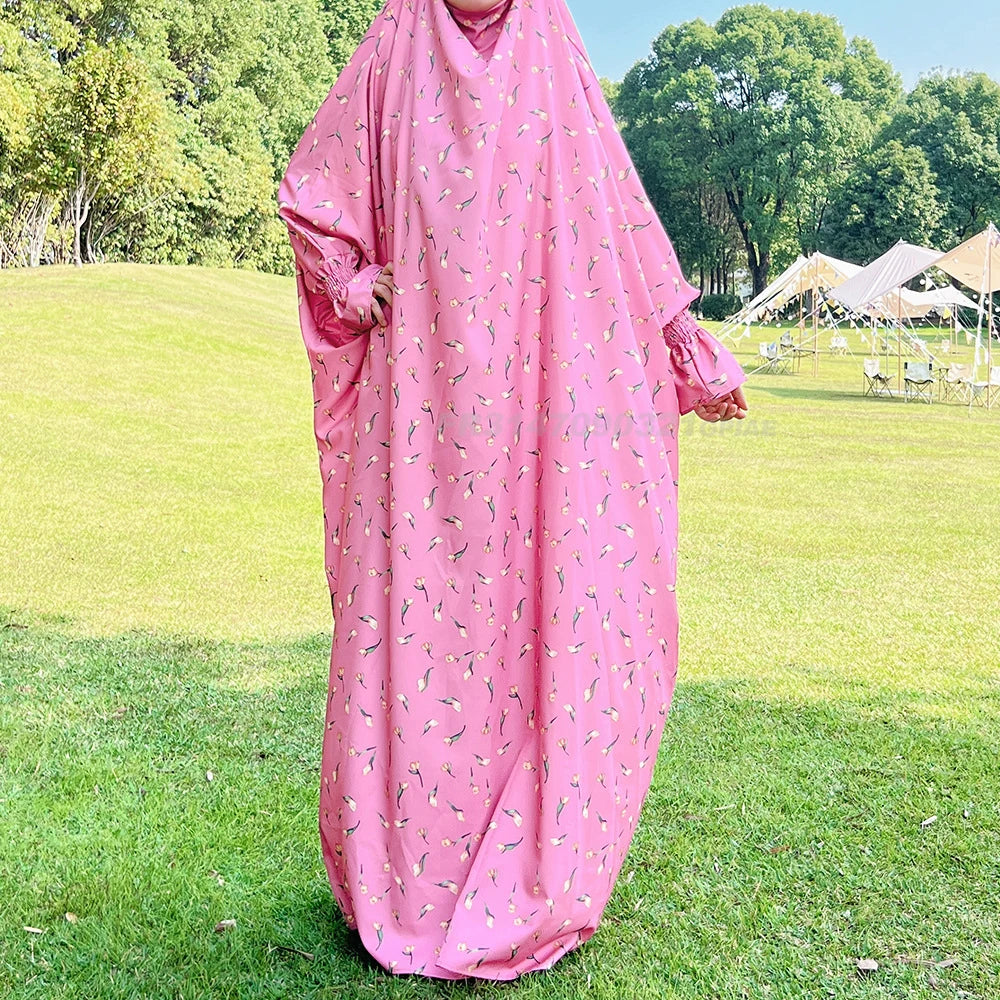 Jilbabs for Women One Piece Printed Prayer Dress Muslim Abaya with Integrated Veil Islamic Products Ramadan Modest Outfits Dubai
