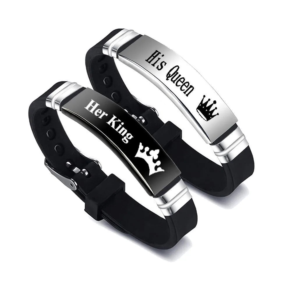 2Pcs/Set His Queen Her King Couple Bracelet Stainless Steel Adjustable Silicone Strap Bangle Valentine's Day Custom Jewelry Gift