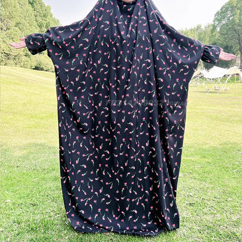 Jilbabs for Women One Piece Printed Prayer Dress Muslim Abaya with Integrated Veil Islamic Products Ramadan Modest Outfits Dubai