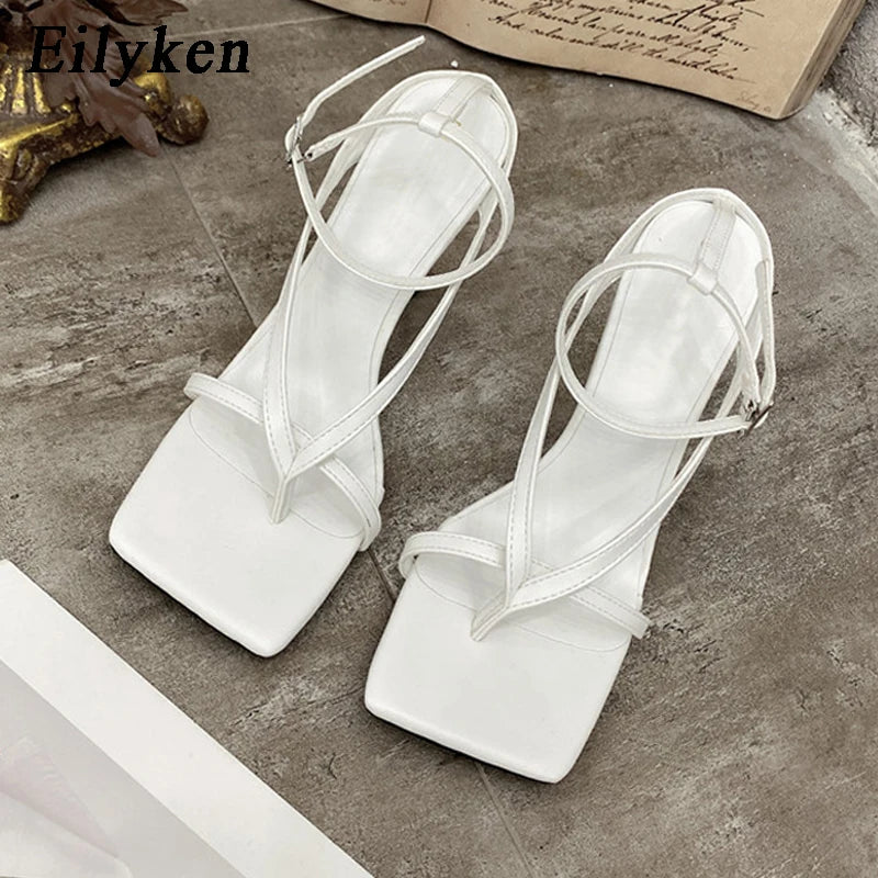 Eilyken New Fashion Pinch Narrow Band Women Sandals 2025 Summer Square Open Toe Ankle Buckle Strap High Heels Ladies Shoes