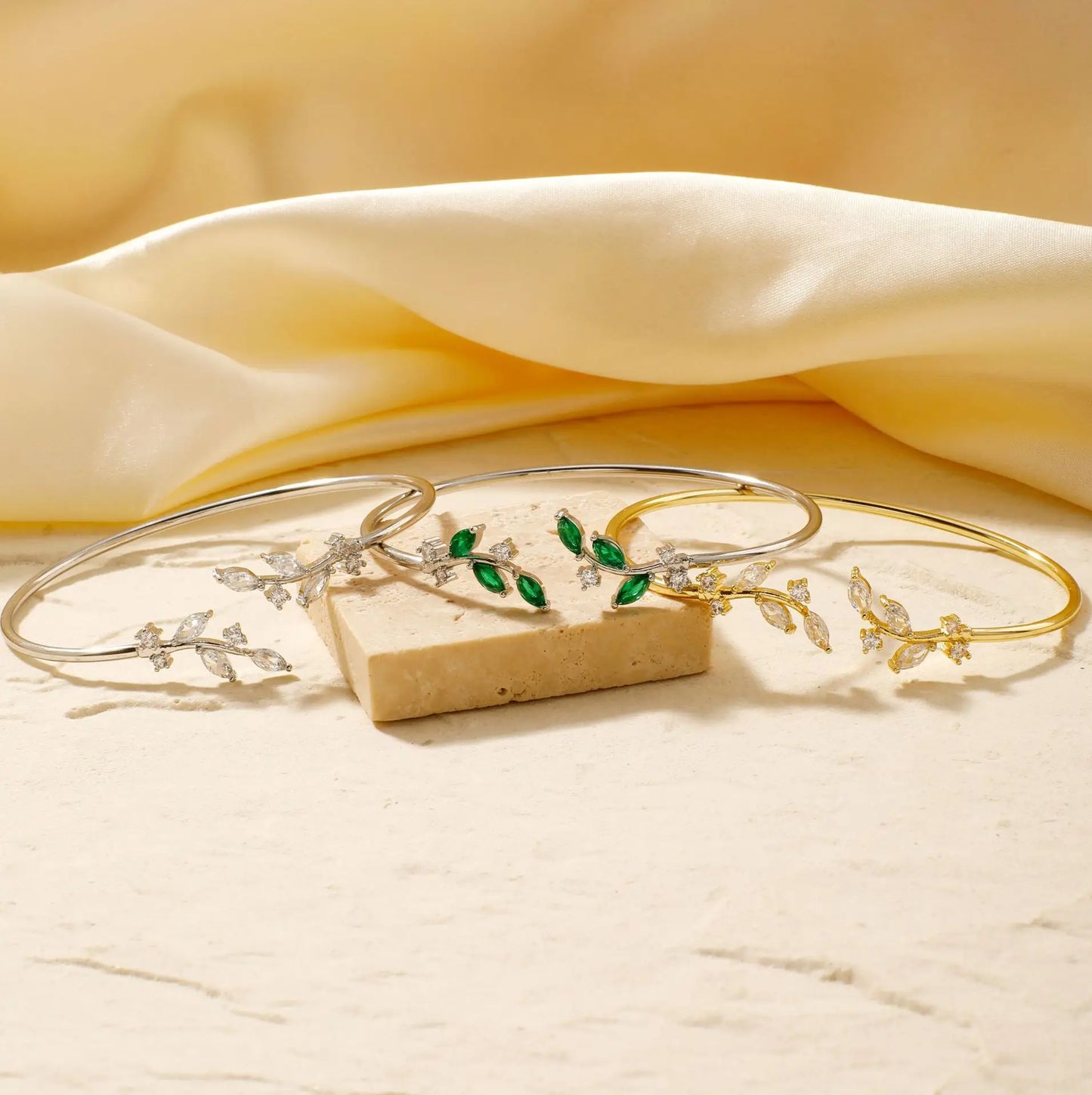 ZAKOL Simple Leaf Zircon Open Bracelet Gold Color Stainless Steel Cuff Bracelet Pulseira Feminin Tiny Hand Jewelry