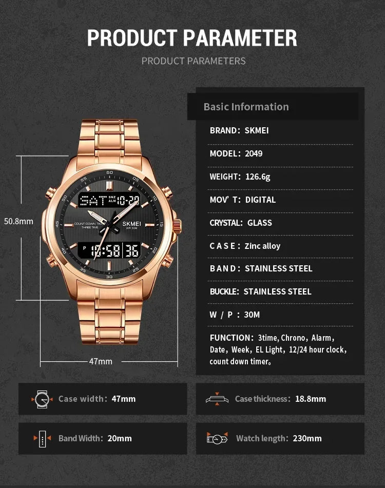 Skmei 2049 Fashion Watches Men's Watch Backlit Sport Waterproof Alarm Clock 3 Time Countdown Timer Digital Watch
