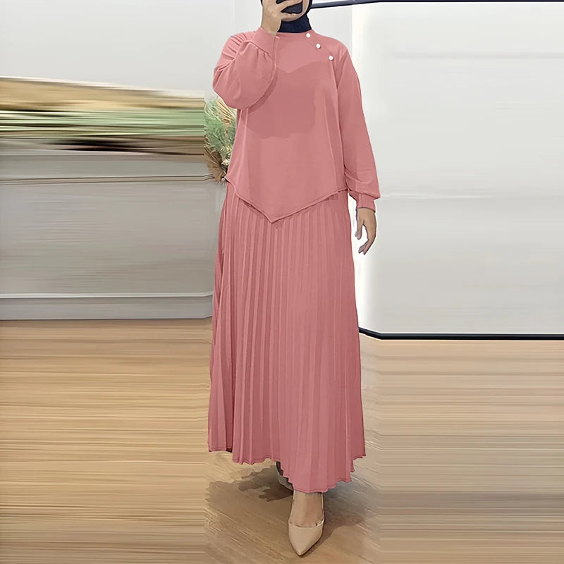 ZANZEA Muslim 2025 Hijabis Modest 2 Piece Skirt Sets Long Sleeve Asymmetrical Hem Blouse and Maxi Pleated Skirt Islamic Outfits
