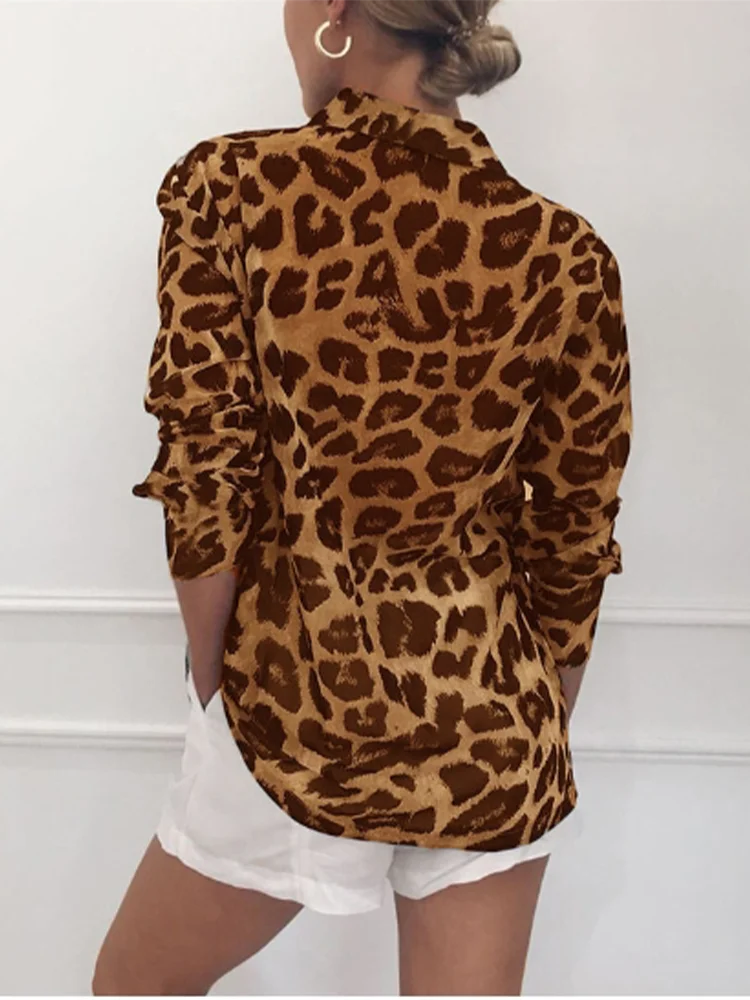 Casual V-neck Long Sleeved Leopard Print Women's T-shirt Elegant Versatile Daily Office Urban Style Spring Top