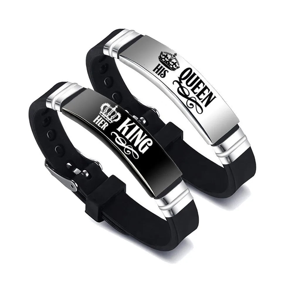2Pcs/Set His Queen Her King Couple Bracelet Stainless Steel Adjustable Silicone Strap Bangle Valentine's Day Custom Jewelry Gift