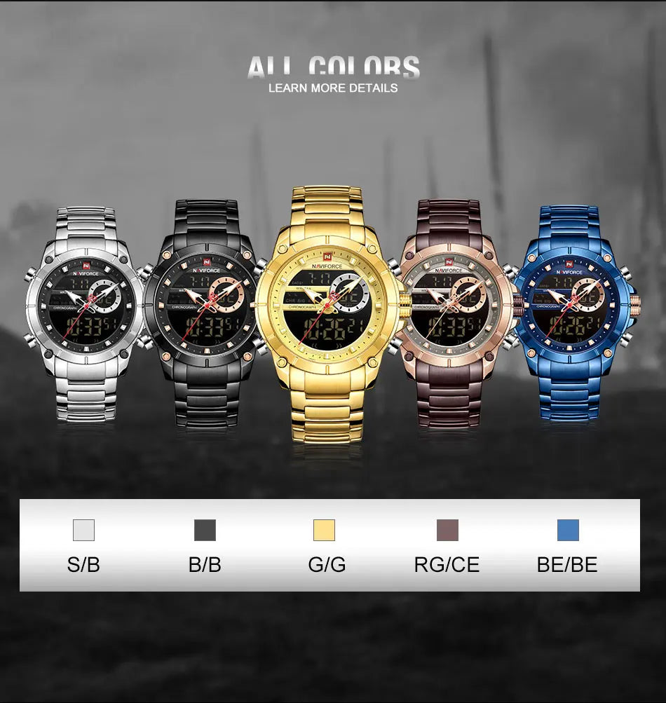 NAVIFORCE Top Luxury Quartz Wrist Watch For Men Business Steel Waterproof Sports Dual Display Military LED Digital Watches