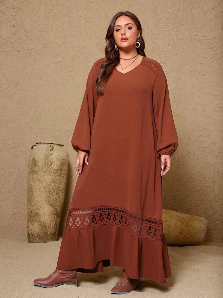Plus Size Women's New Brown V-neck Fashion Casual Dresses Belt Lace Long Elegant Casual Dignity Party