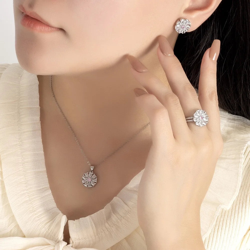 Original 925 Sterling Silver Sunflower Zircon Pendant Bracelet Necklace Women's Sterling Silver Jewelry Set Wedding Gift
