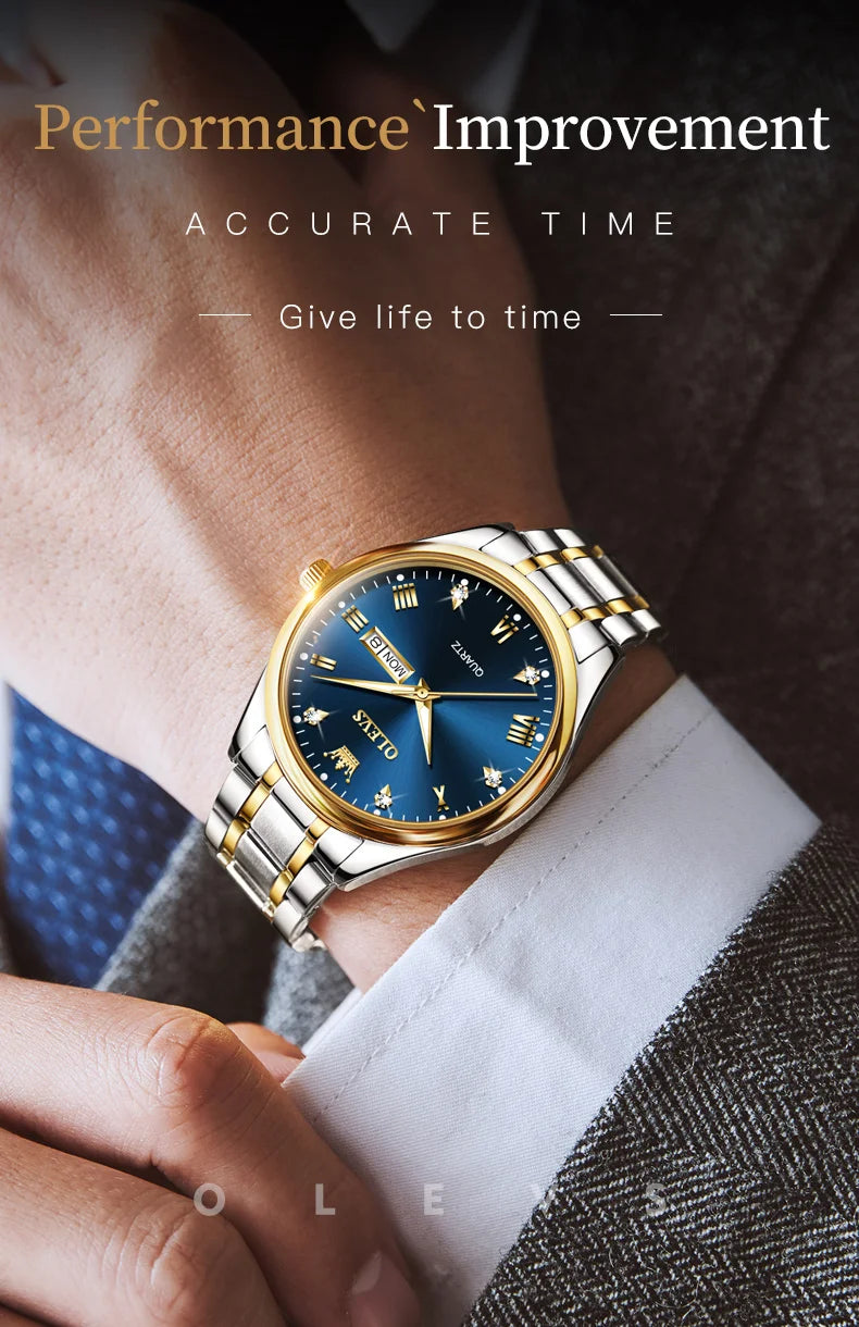 OLEVS Brand Men's Quartz Watch Stainless Steel Waterproof Luminous Fashion Strap Business Men's Quartz Wristwatch Gold Watch