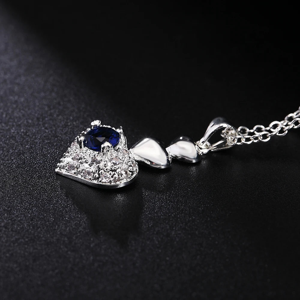 Hot Noble blue crystal heart 925 sterling Silver pendant necklace earring Jewelry sets for Woman classic fashion party fine gift