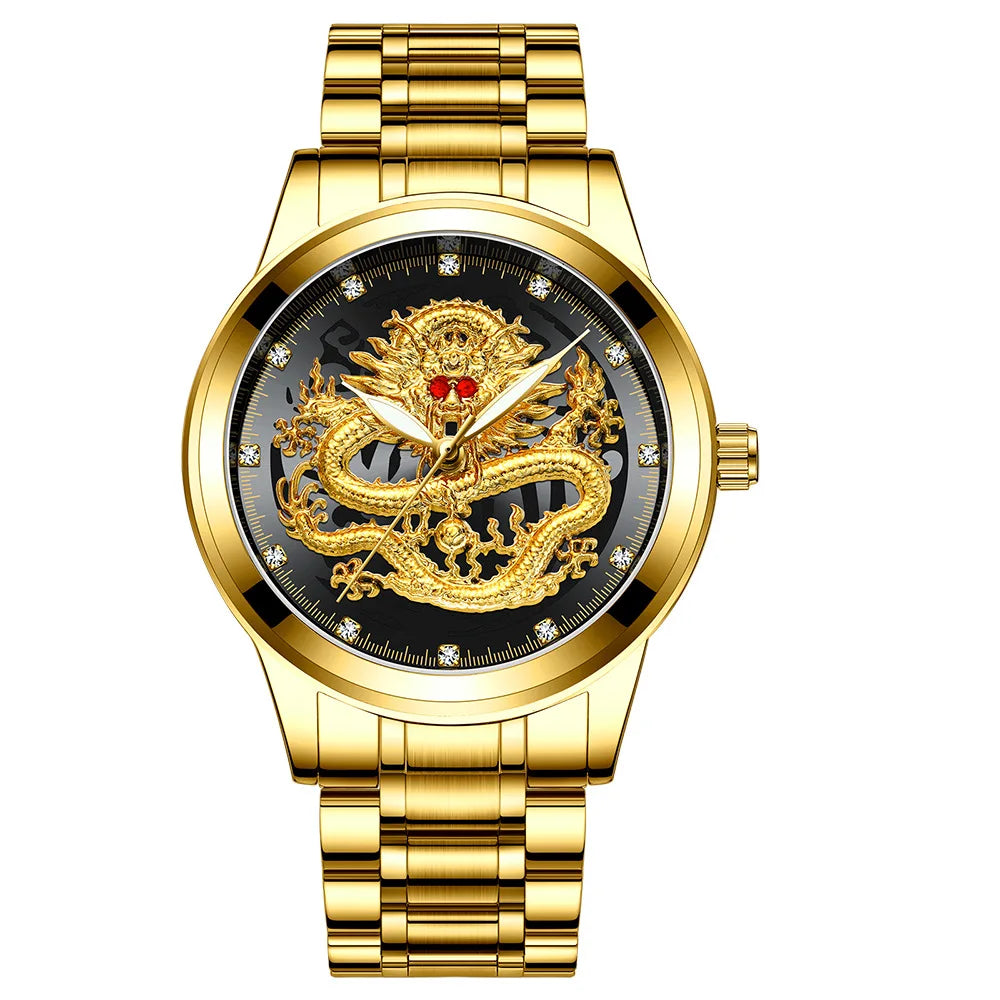 FNGEEN Top Luxury Fashion Men's Watches Quartz Dragon Pattern Luminous Gold Color Stainless Steel Band Classics Men Watch