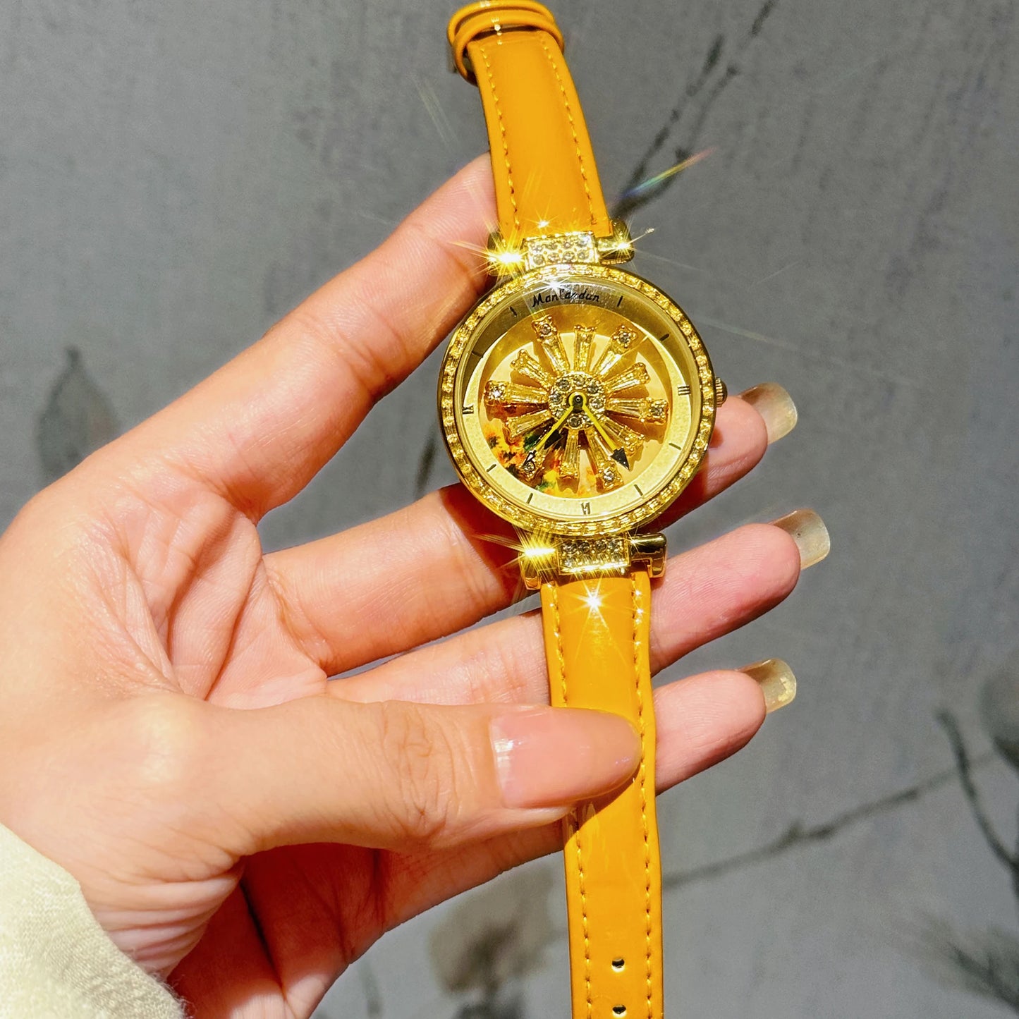Fashionable Women's Watch With Transparent Back, Diamond Inlaid, Rotating Galaxy Dial, Sunflower Design Waterproof Quartz Watch
