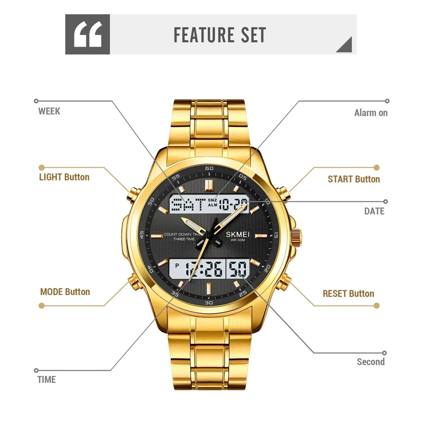Skmei 2049 Fashion Watches Men's Watch Backlit Sport Waterproof Alarm Clock 3 Time Countdown Timer Digital Watch
