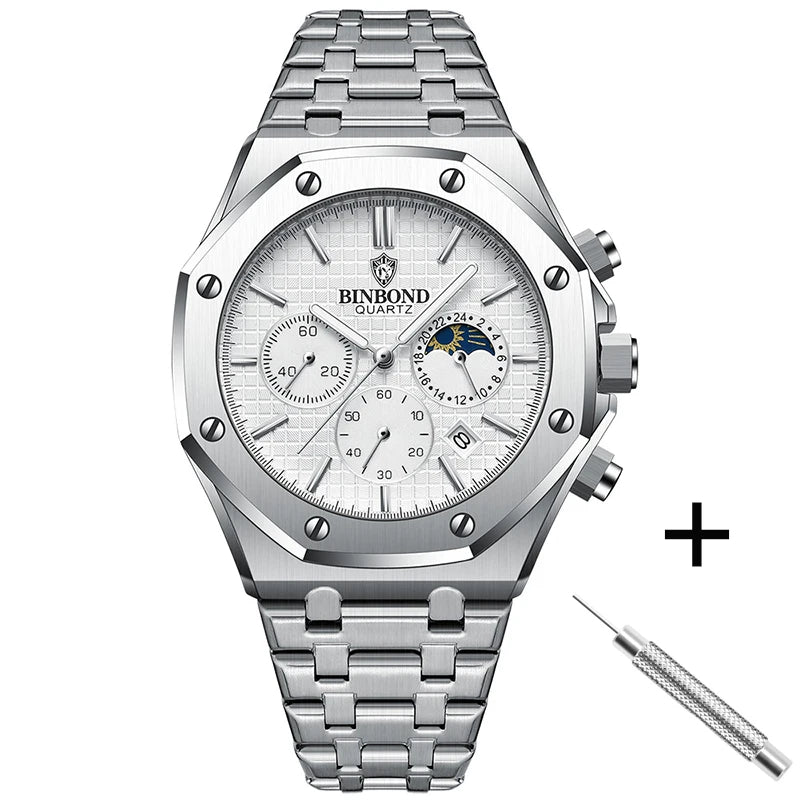 BINBOND B0161 Top box Brand Man Casual Quartz Watch Luxury Luminous Wristwatch Stainless Steel Waterproof Men Clock