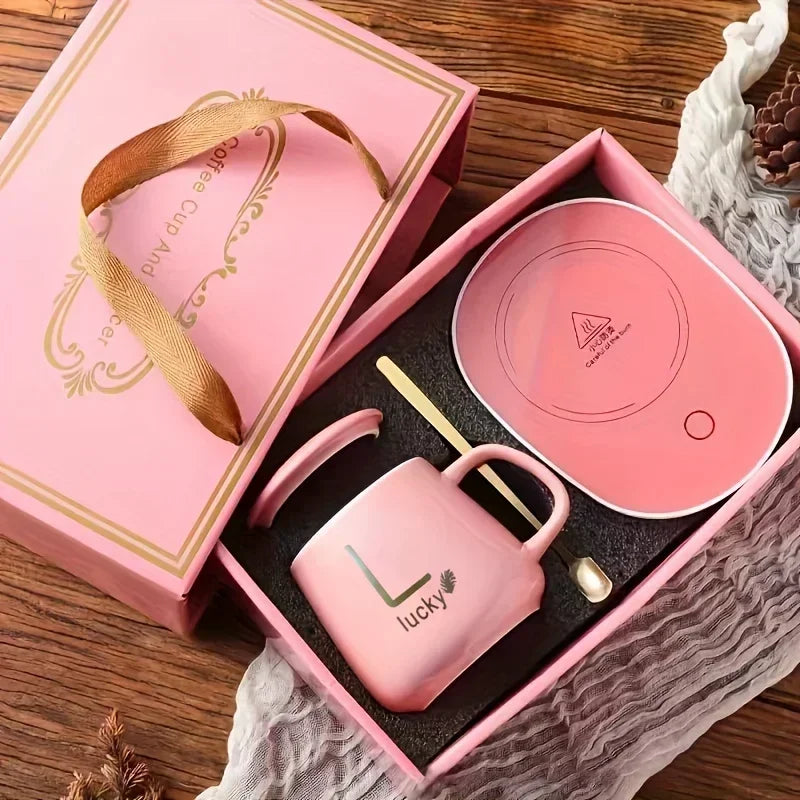 55 degrees Thermostat Cup gift box set warm ceramic cup mugs with Spoon and Storage Bag Set Folding Spoon for Portable Meals