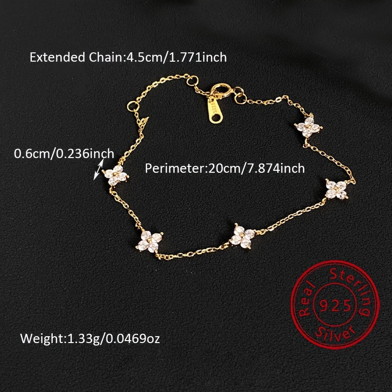 Elegant Sterling Silver 925 Bracelet with zirconia Flower Charms - Simple Classic Design, No Plating, Ideal for Daily Wear, Perfect Mother'S Day Gift