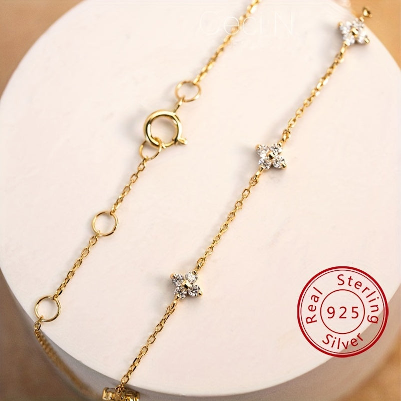Elegant Sterling Silver 925 Bracelet with zirconia Flower Charms - Simple Classic Design, No Plating, Ideal for Daily Wear, Perfect Mother'S Day Gift