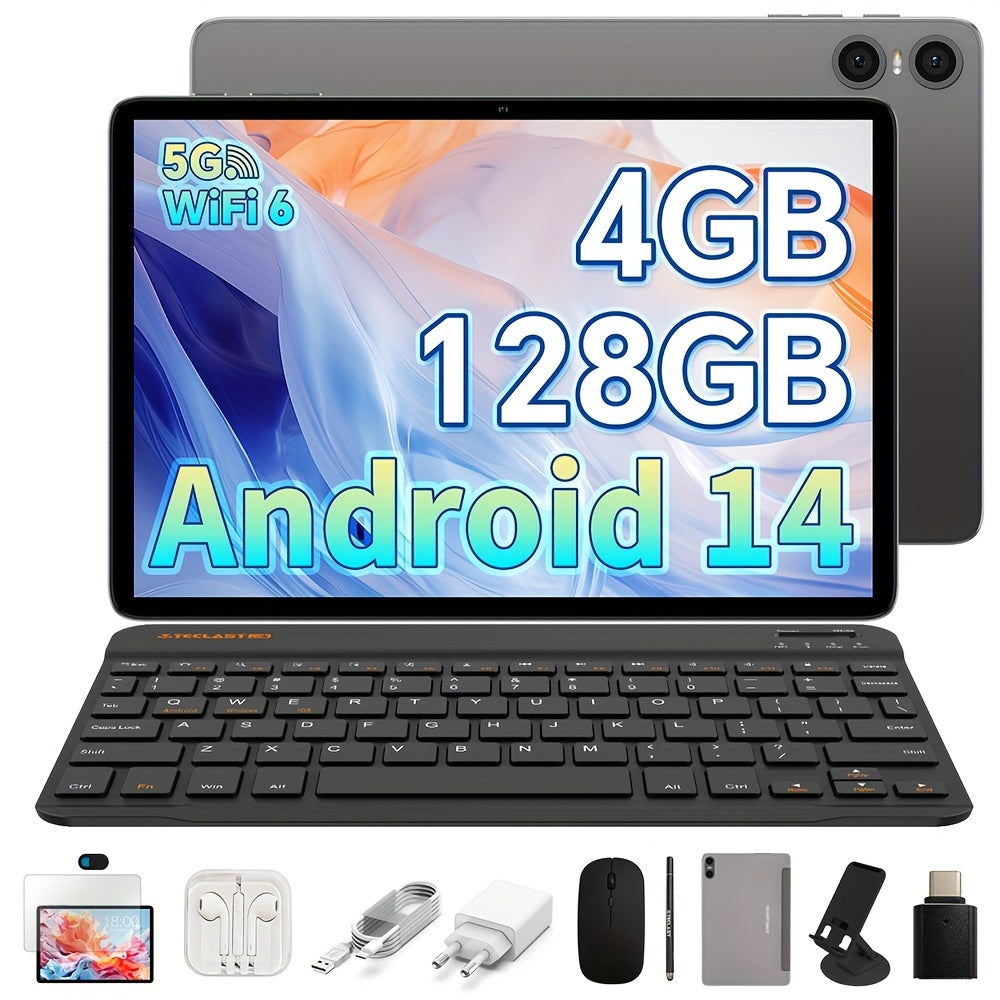 Teclast P30T Tablet 2024 Newest Android 14 10.1 Inch, 4GB RAM+128GB ROM With 1TB Expand Tablet PC, 2 In 1 Tablets With Keyboard, Teclast Case, Protective Film, Wireless Mouse, Earphones, 6000mAh Battery, 1280x800 IPS Display